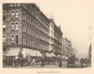 Vista de la esquina de Wabash Ave. y Madison St., Chicago, 1889